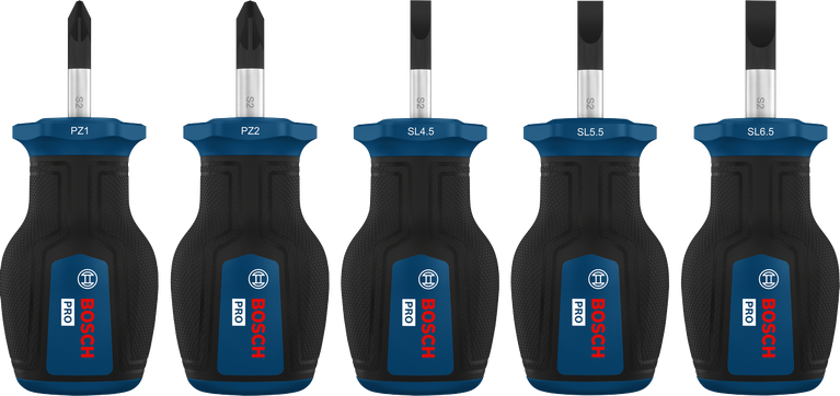 Set Obeng Pendek Bosch PRO PZ/SL dengan gagang berkode warna.